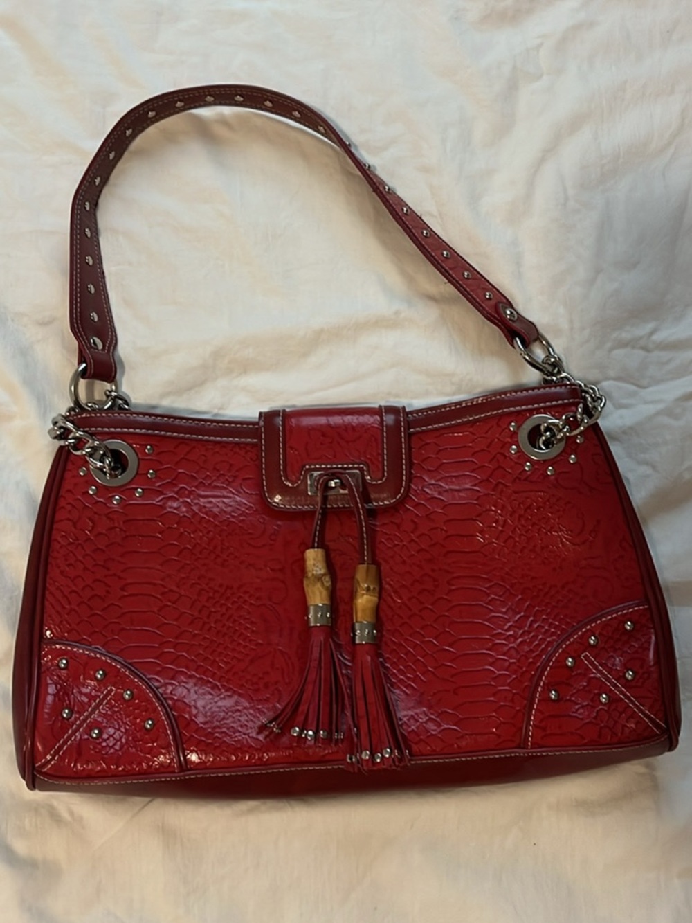 MC  Red Faux Leather Women's Shoulder Bag with Tassel Accent